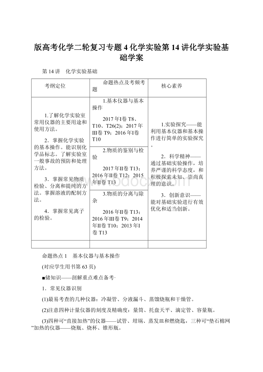 版高考化学二轮复习专题4化学实验第14讲化学实验基础学案.docx