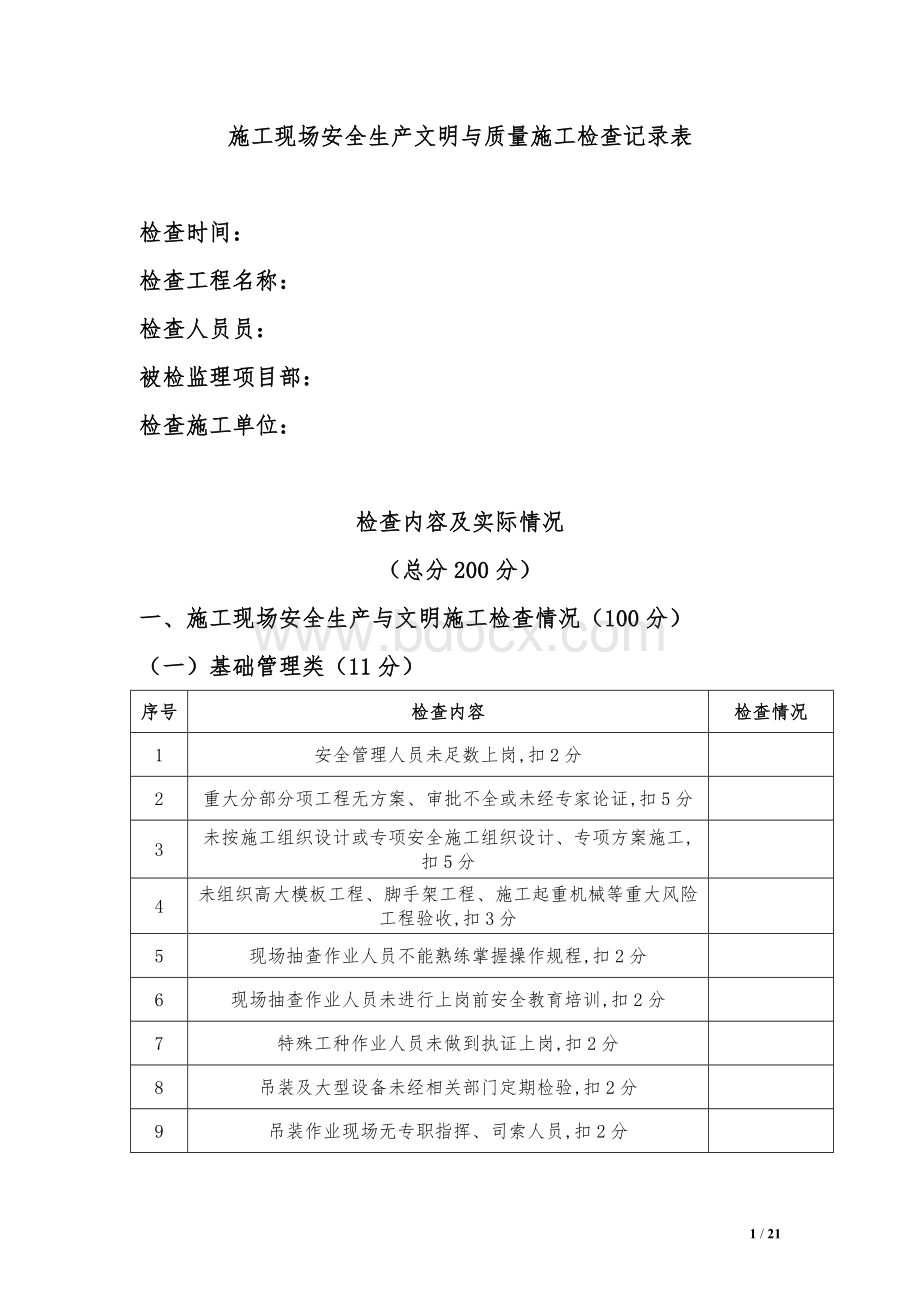 施工现场安全生产文明与质量施工检查记录表.docx_第1页