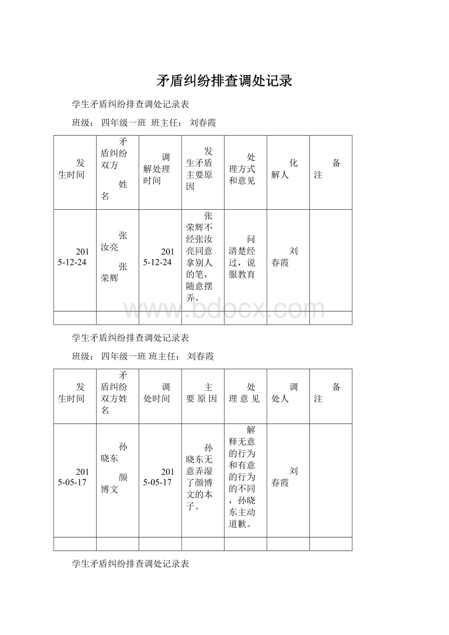 矛盾纠纷排查调处记录Word文档下载推荐.docx