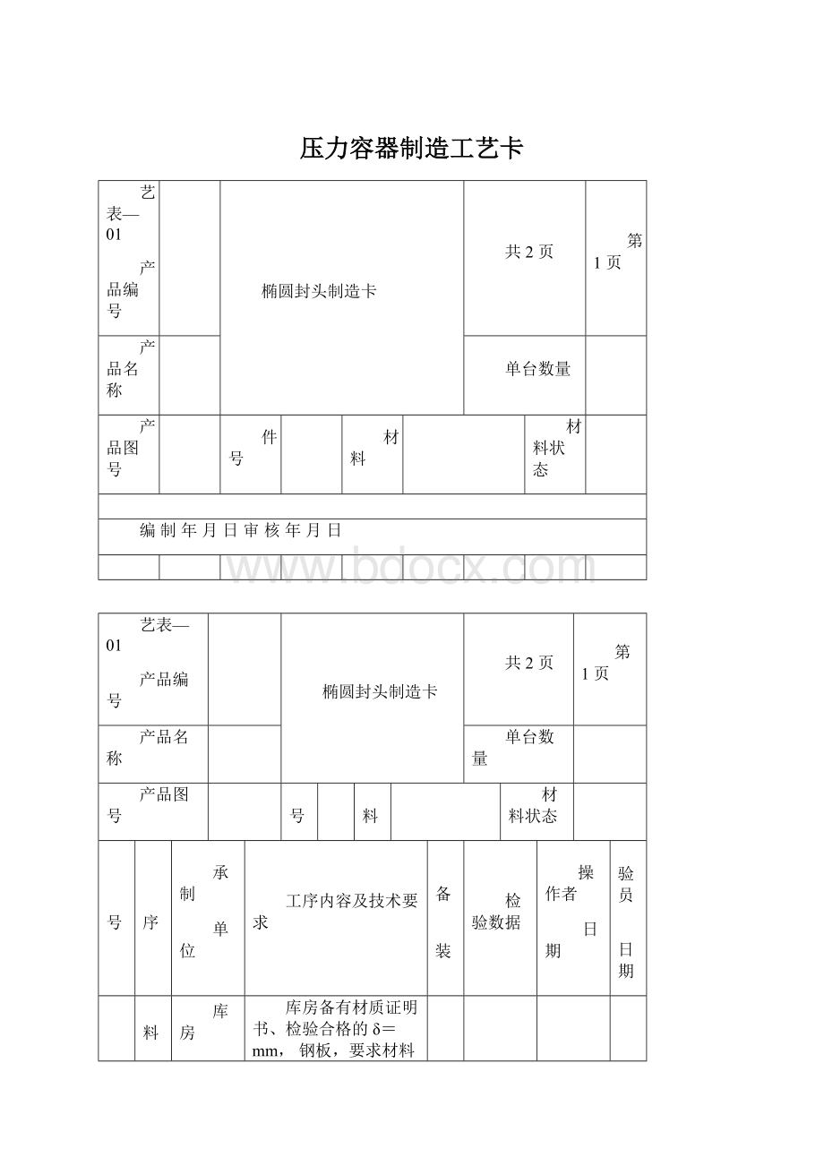 压力容器制造工艺卡.docx_第1页