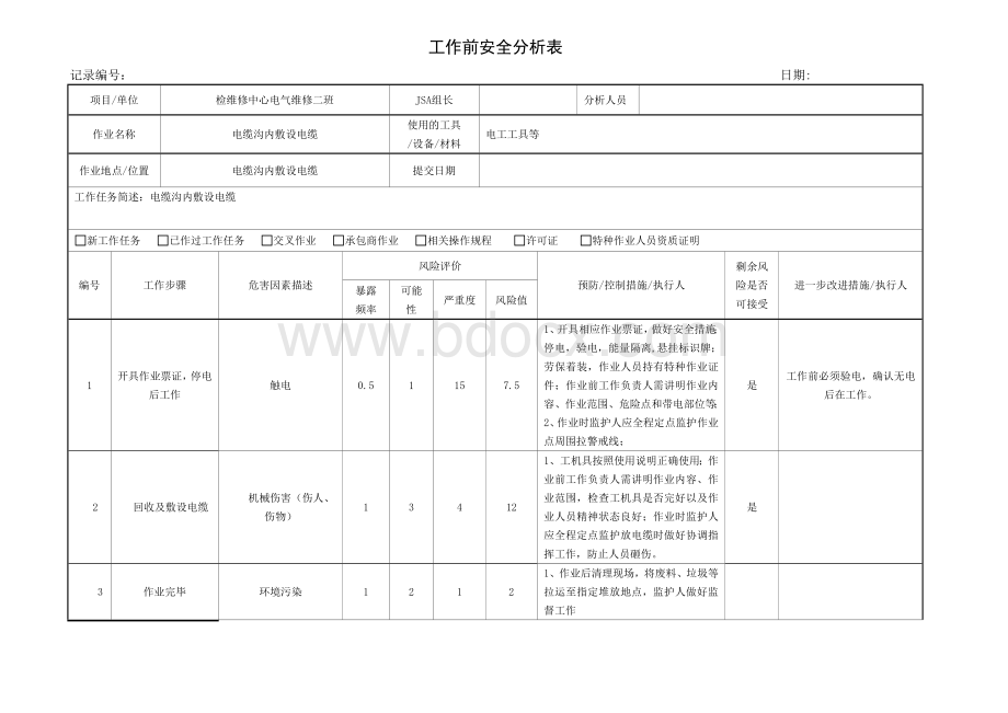 电缆沟内敷设电缆工作前安全分析表JSA.doc