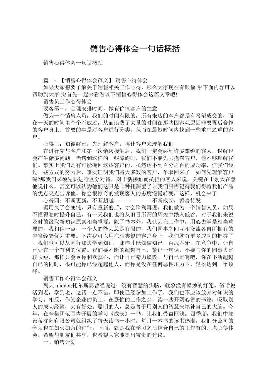 销售心得体会一句话概括Word下载.docx