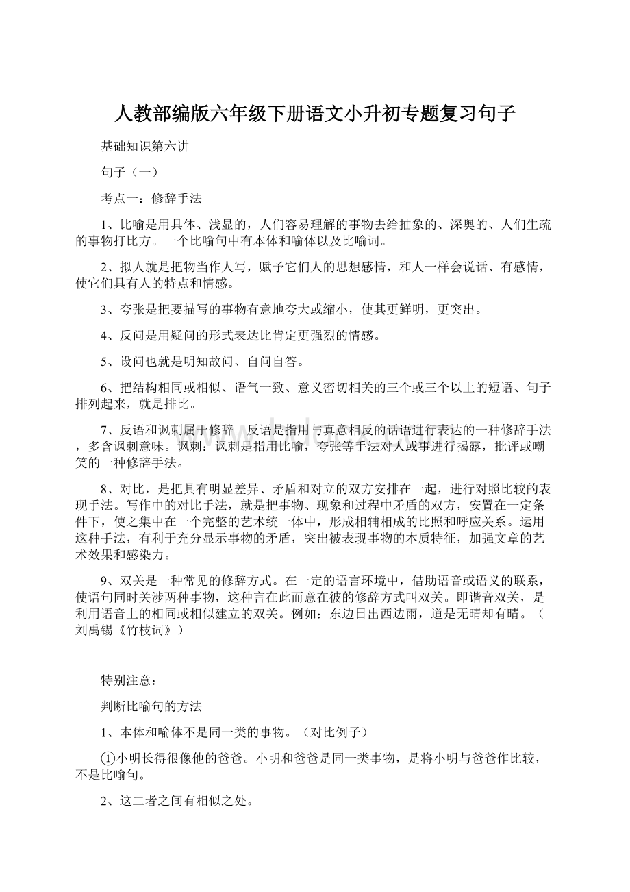 人教部编版六年级下册语文小升初专题复习句子Word文档下载推荐.docx