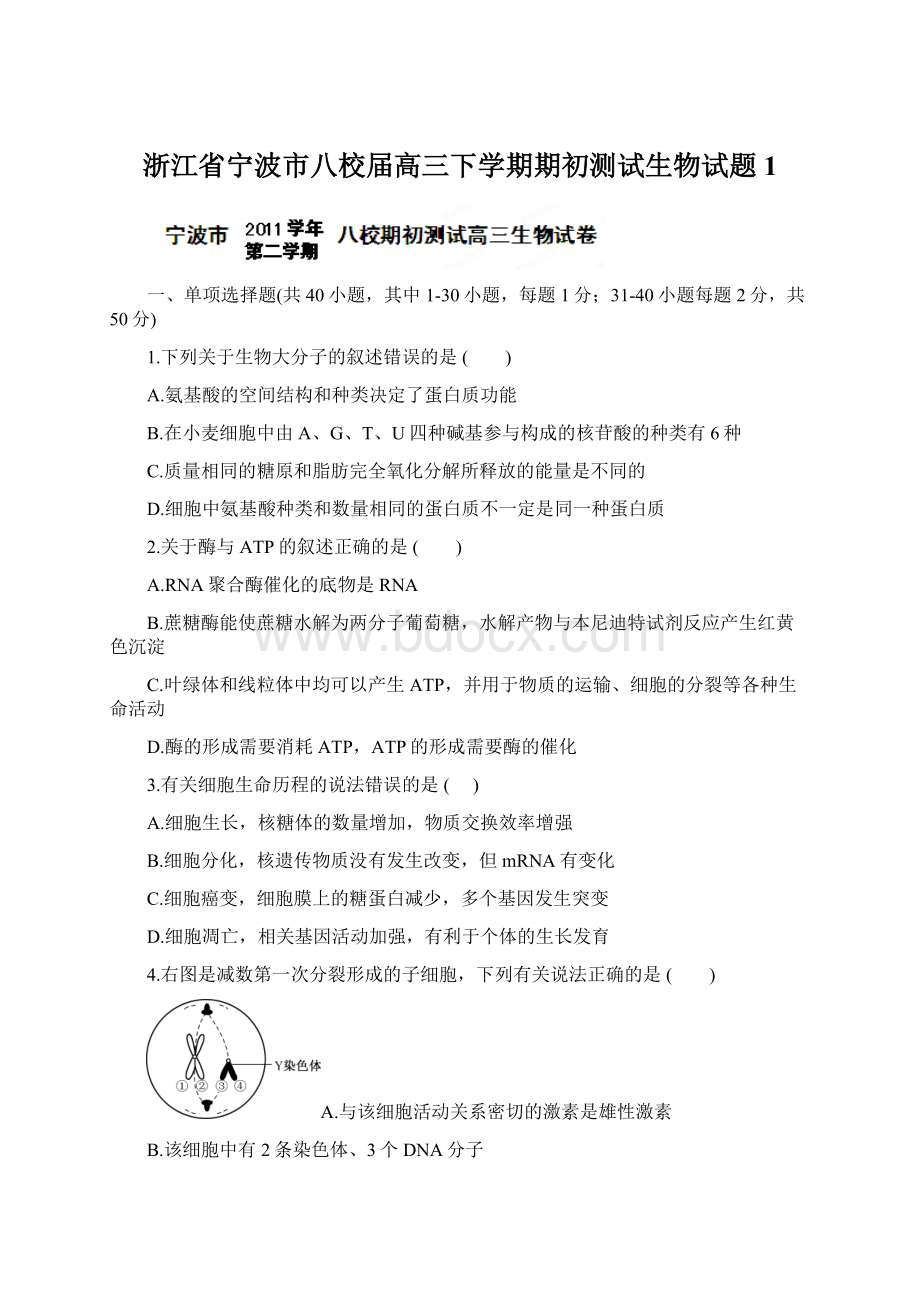 浙江省宁波市八校届高三下学期期初测试生物试题1.docx