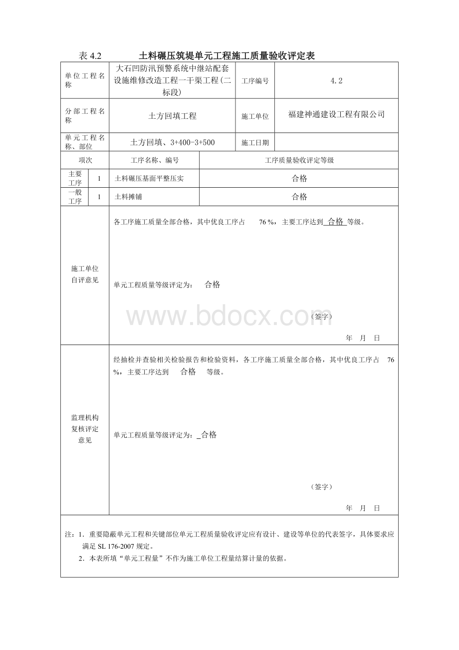 最新版水利水电工程工程质量评定表(渠道土方回填)填表样例.doc