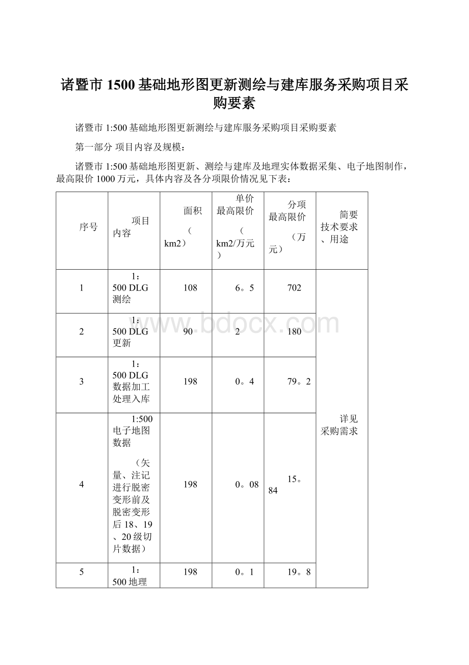 诸暨市1500基础地形图更新测绘与建库服务采购项目采购要素Word文档格式.docx