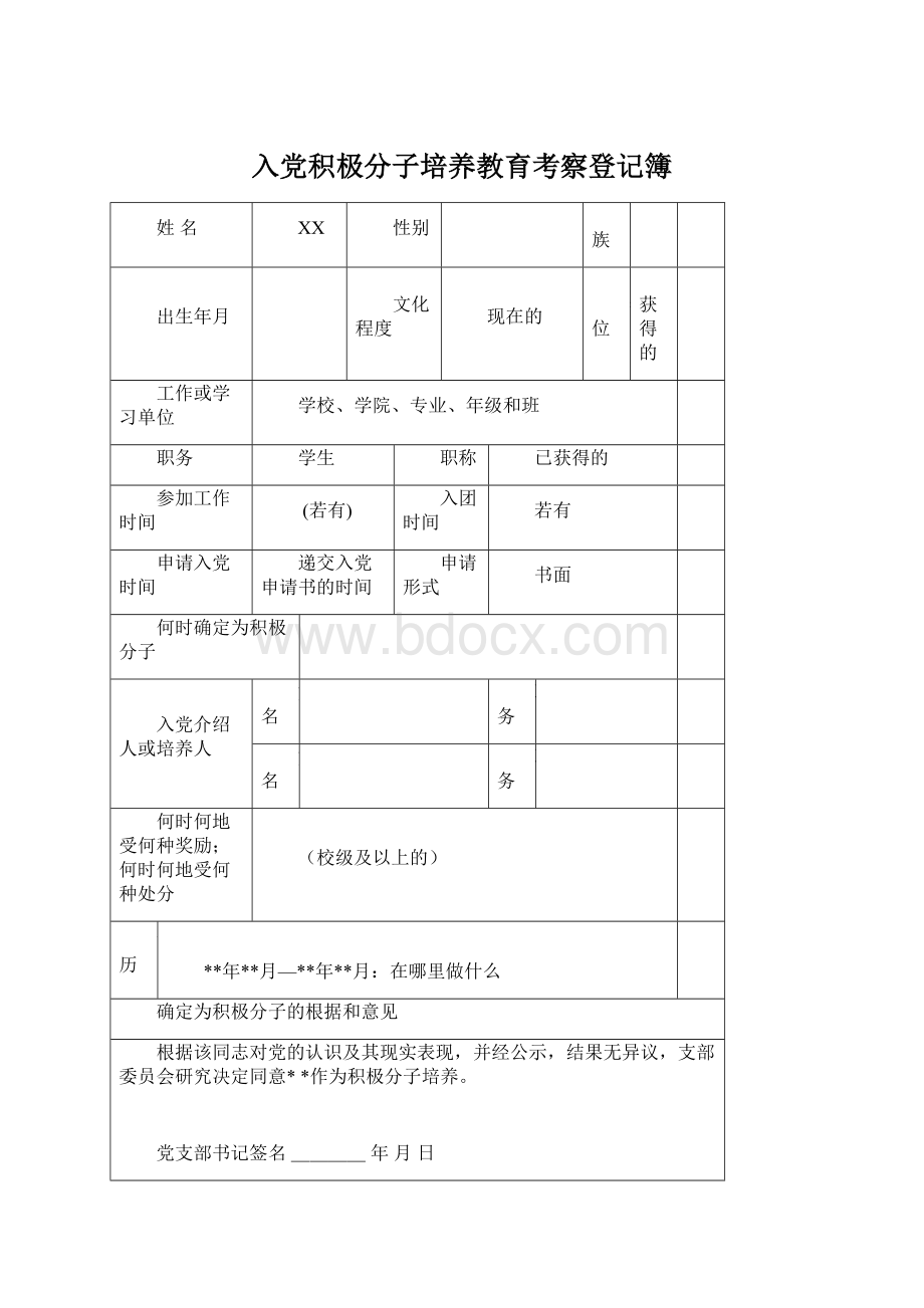 入党积极分子培养教育考察登记簿Word格式.docx