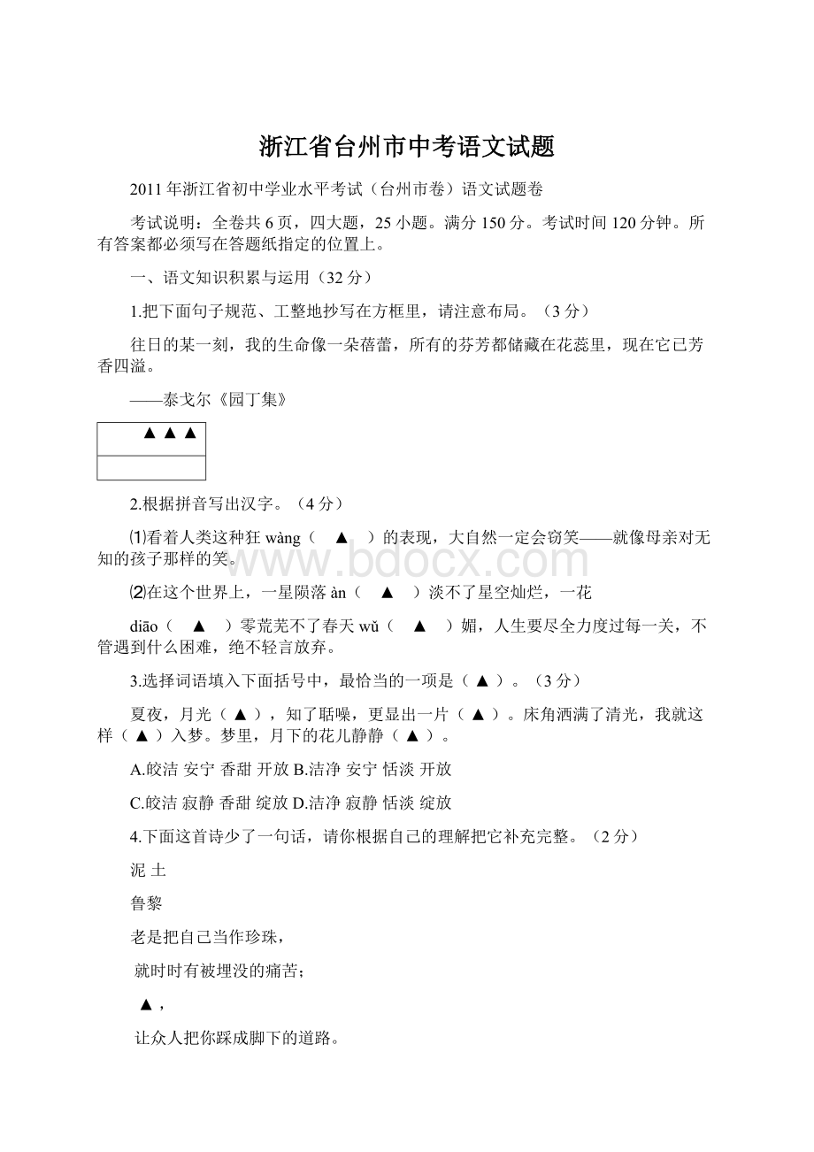 浙江省台州市中考语文试题Word文档下载推荐.docx