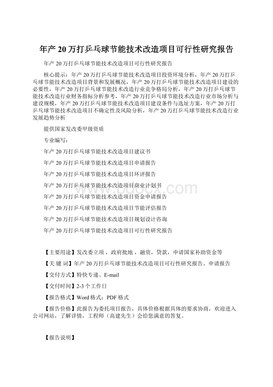 年产20万打乒乓球节能技术改造项目可行性研究报告文档格式.docx_第1页