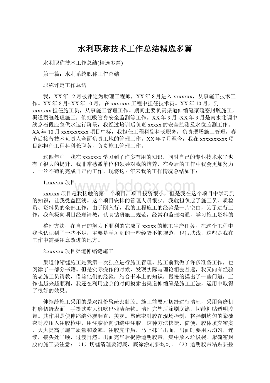 水利职称技术工作总结精选多篇.docx_第1页