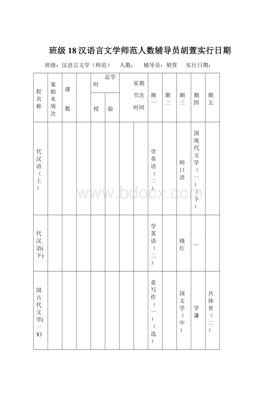 班级18汉语言文学师范人数辅导员胡萱实行日期.docx_第1页