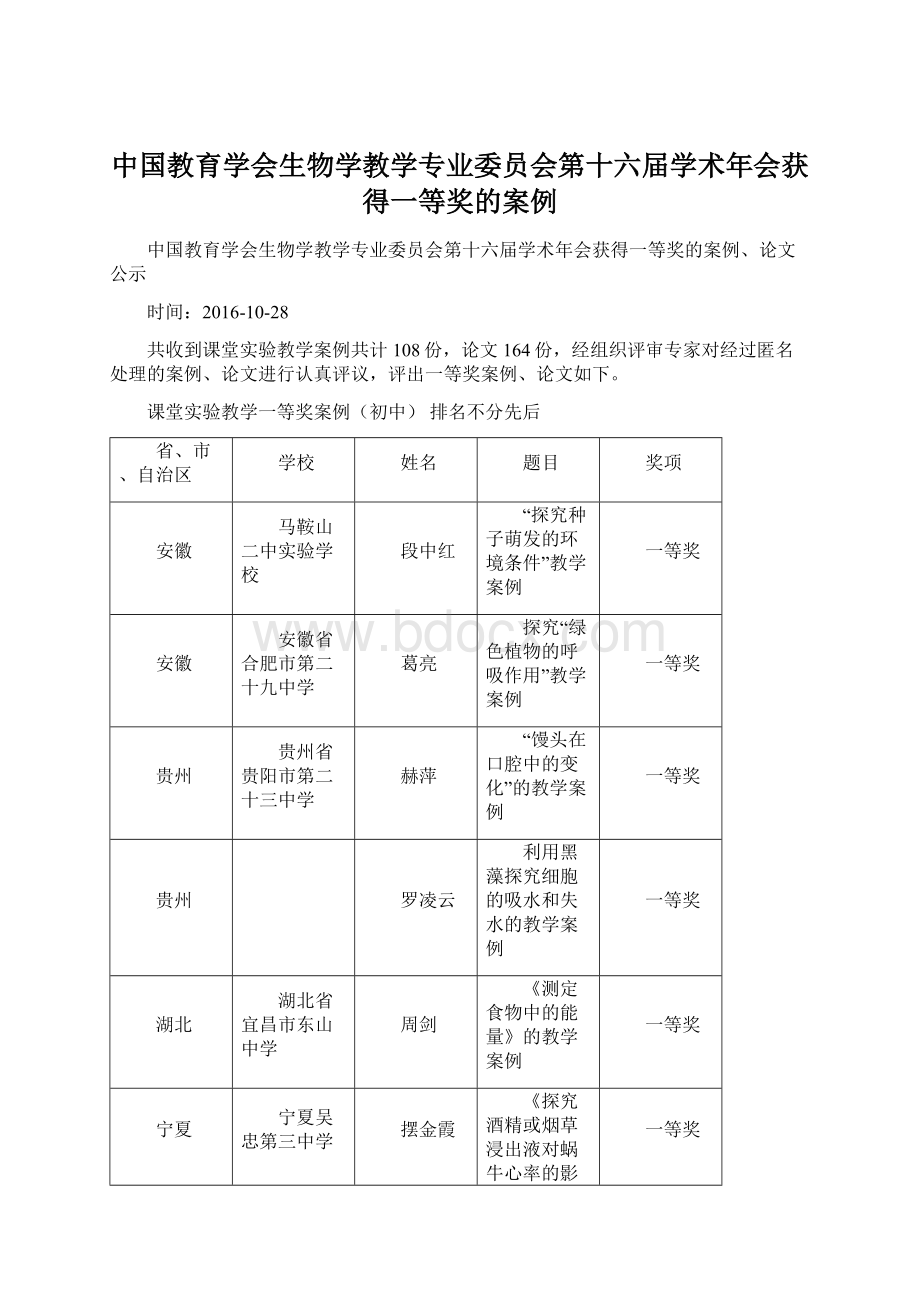 中国教育学会生物学教学专业委员会第十六届学术年会获得一等奖的案例Word文档下载推荐.docx_第1页