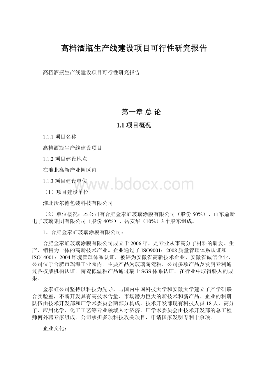 高档酒瓶生产线建设项目可行性研究报告Word文档格式.docx_第1页