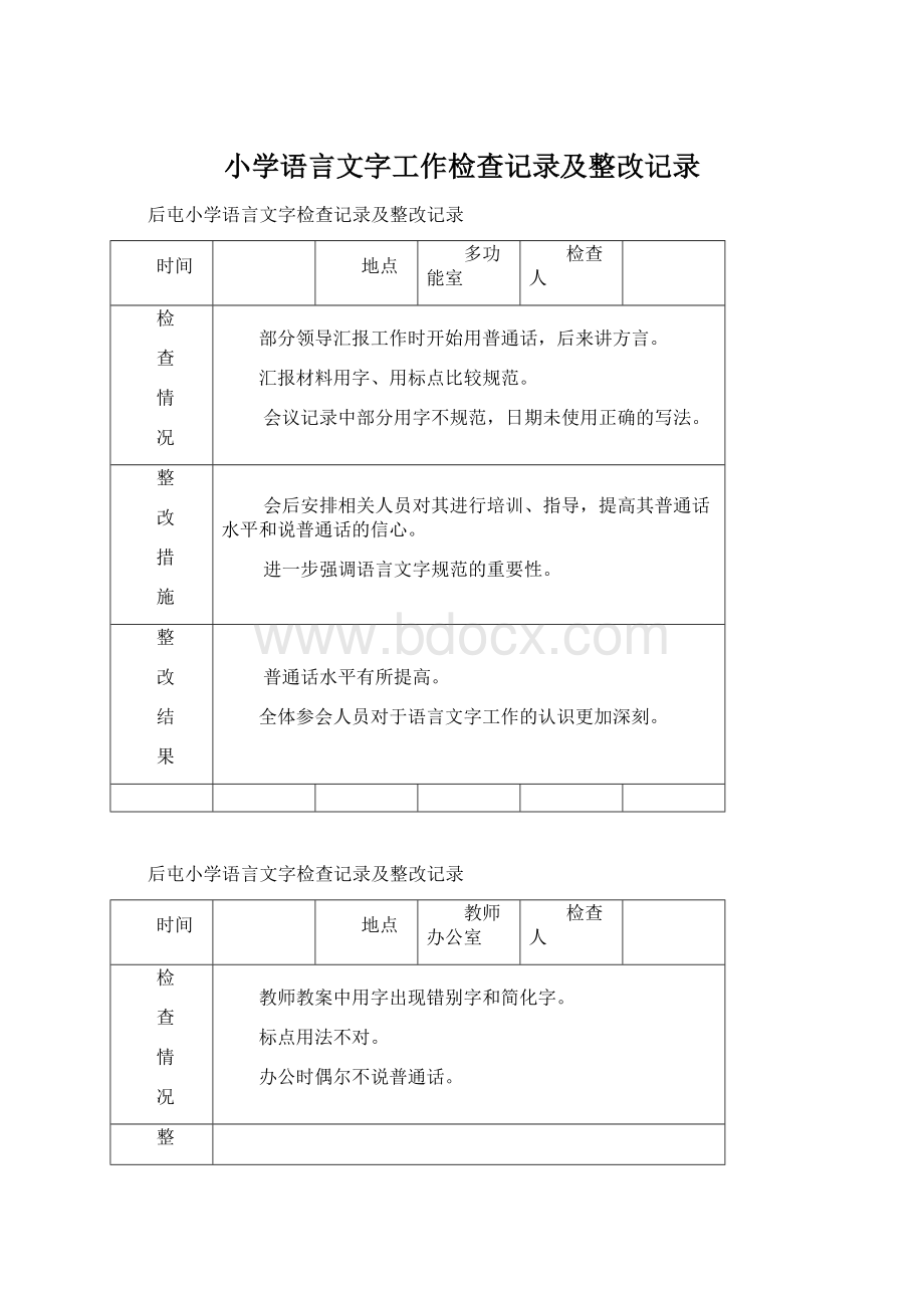 小学语言文字工作检查记录及整改记录Word格式文档下载.docx