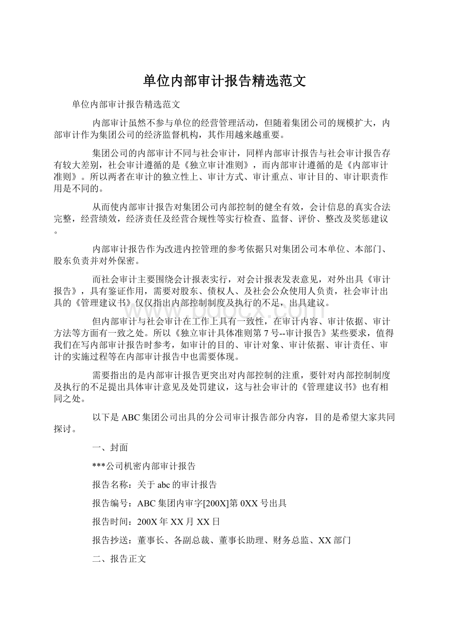 单位内部审计报告精选范文文档格式.docx