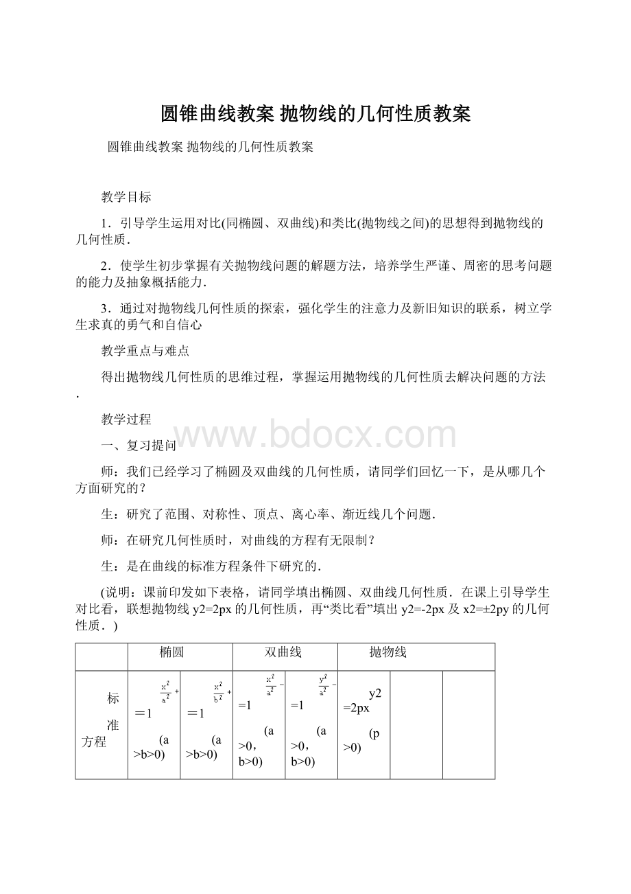 圆锥曲线教案 抛物线的几何性质教案.docx