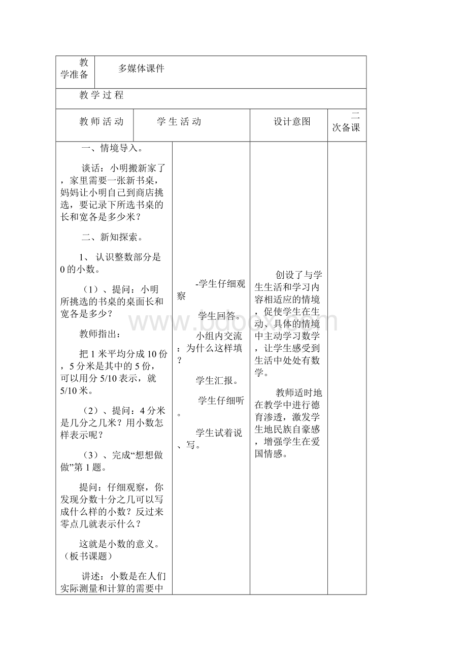 苏教版三年级第六册数学第十一单元认识小数教学设计c 4Word文档格式.docx_第2页