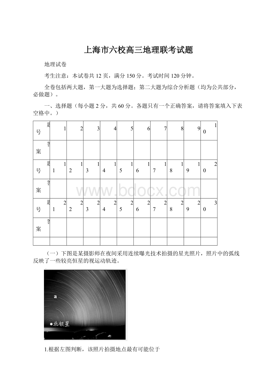 上海市六校高三地理联考试题.docx