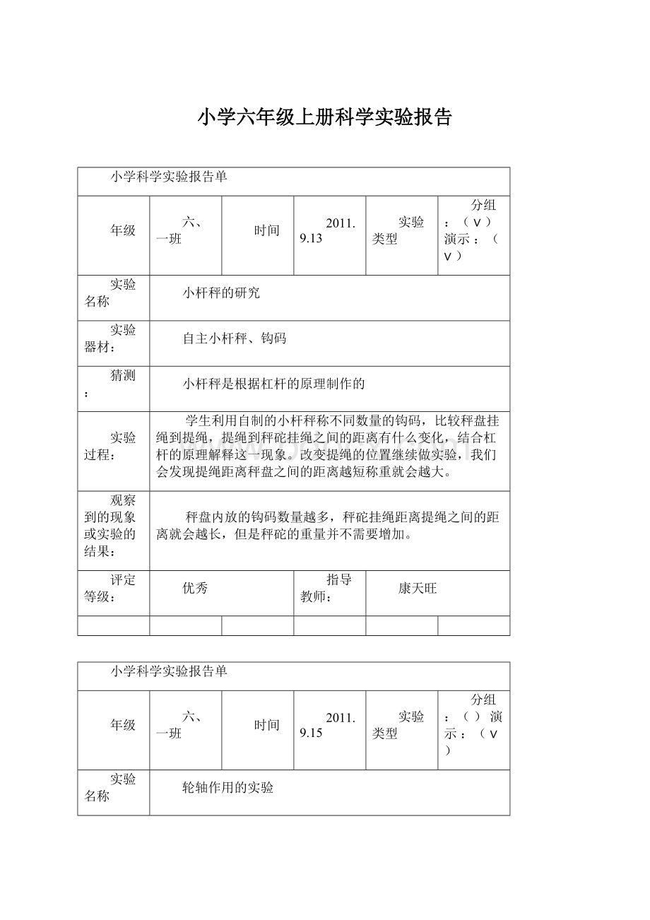 小学六年级上册科学实验报告文档格式.docx_第1页