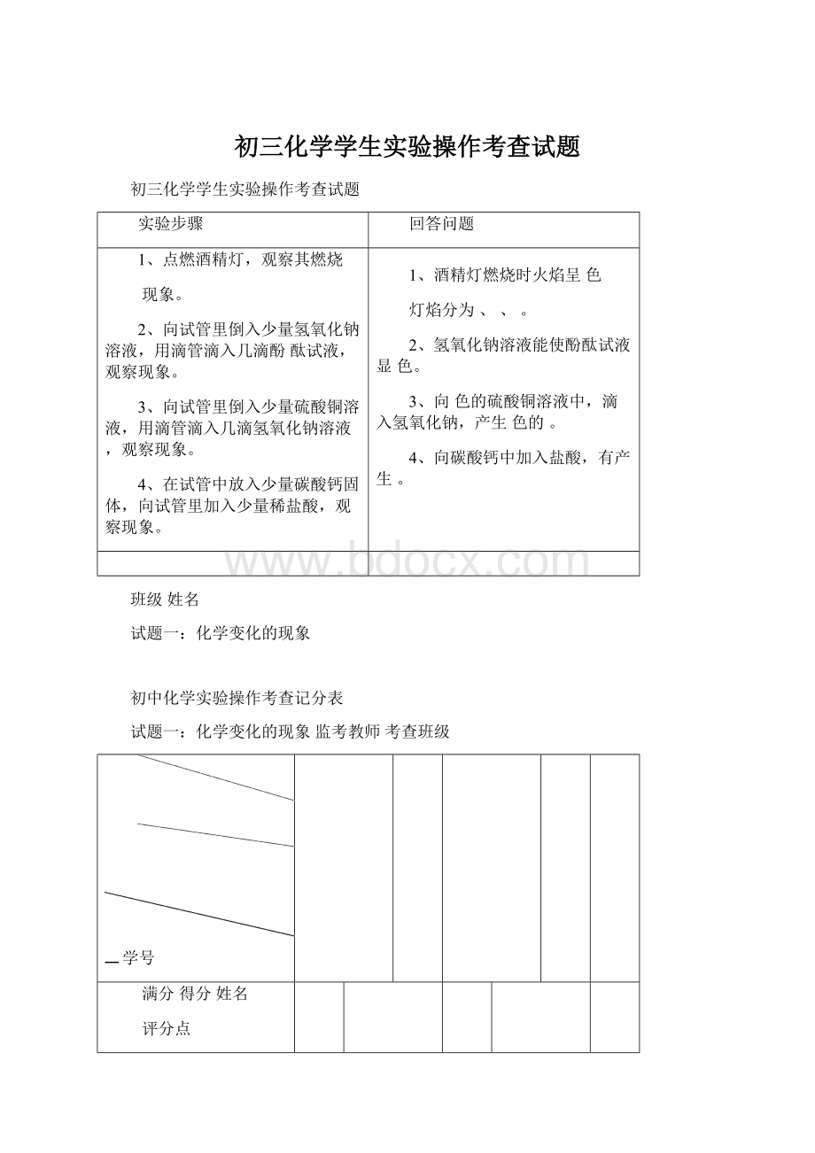 初三化学学生实验操作考查试题Word格式文档下载.docx