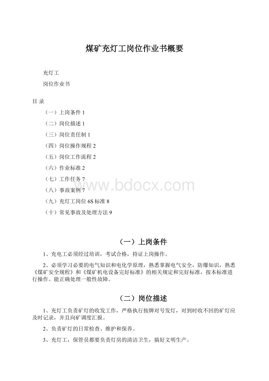 煤矿充灯工岗位作业书概要Word文档格式.docx