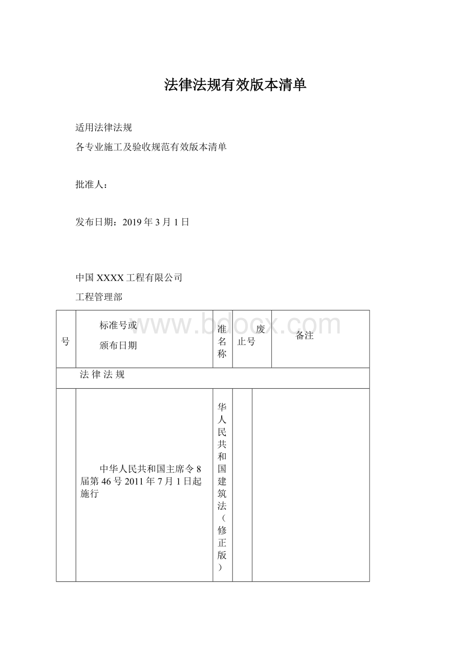 法律法规有效版本清单Word文档下载推荐.docx