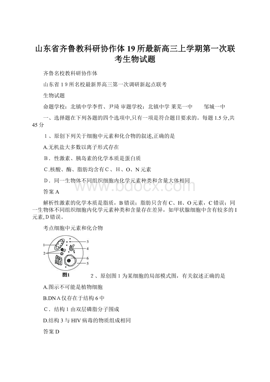 山东省齐鲁教科研协作体19所最新高三上学期第一次联考生物试题.docx