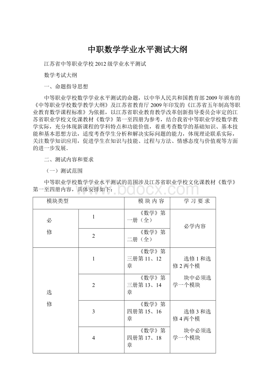 中职数学学业水平测试大纲.docx