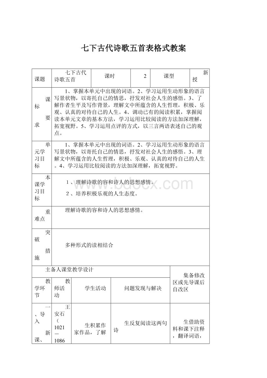 七下古代诗歌五首表格式教案.docx