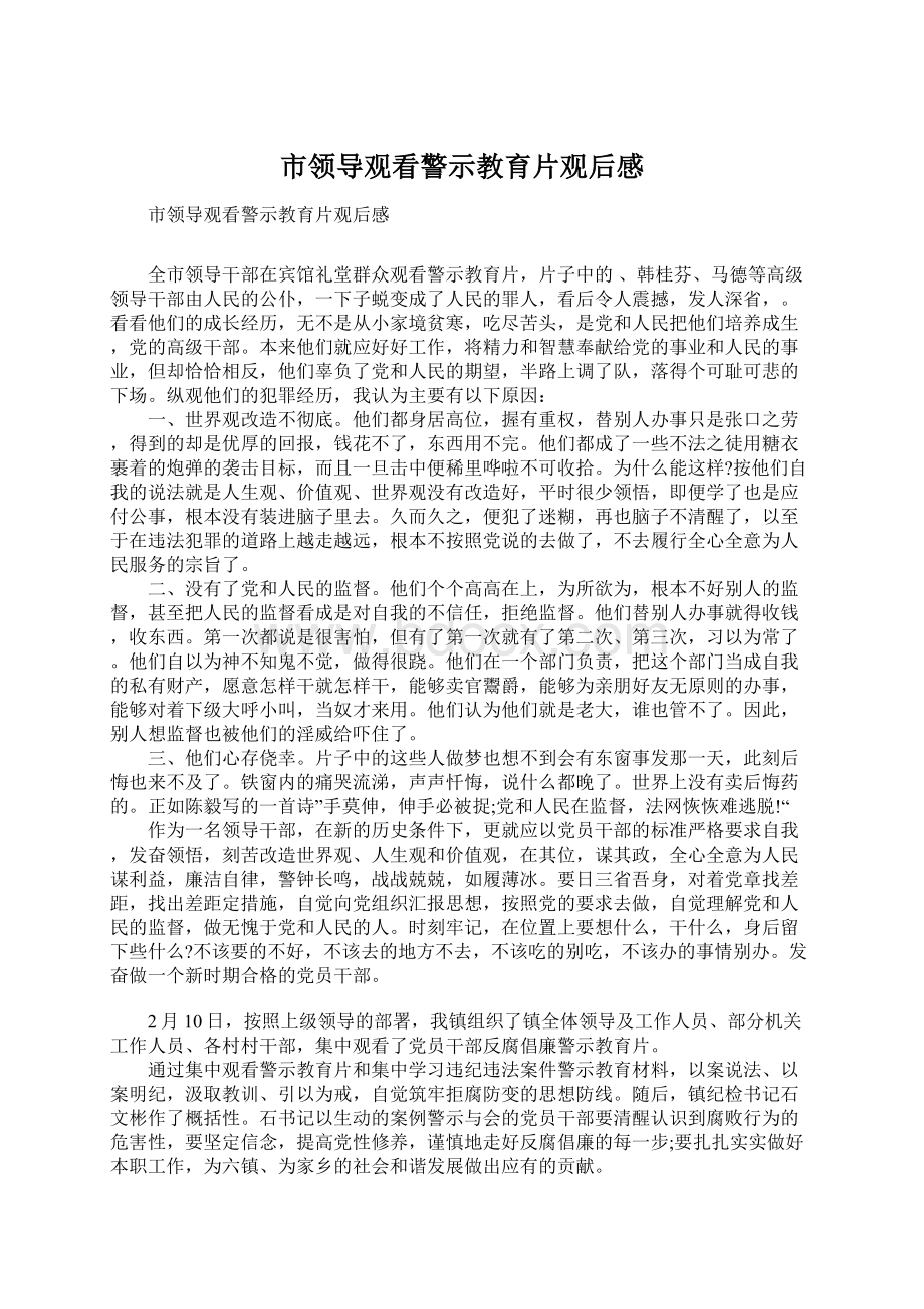 市领导观看警示教育片观后感Word文档下载推荐.docx_第1页