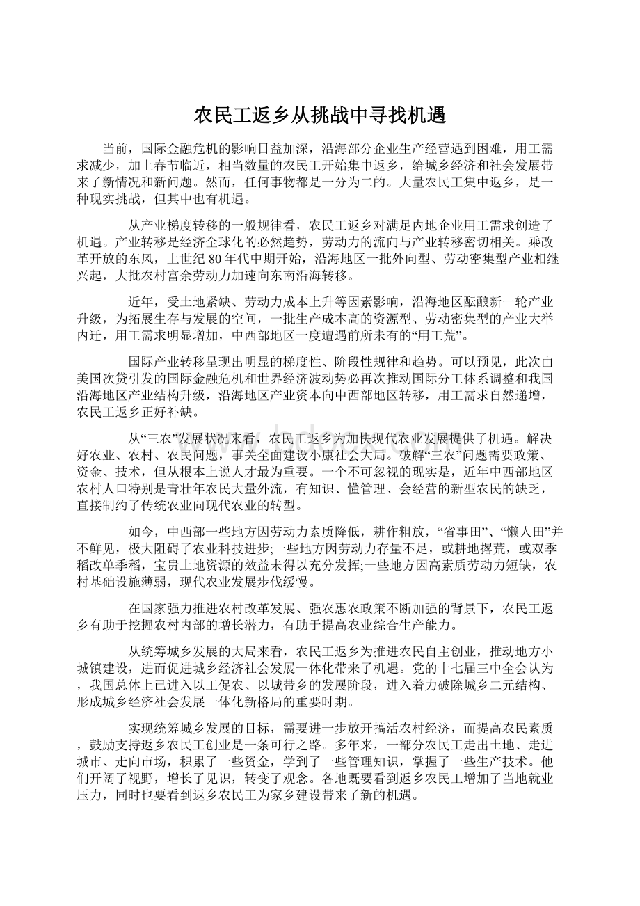 农民工返乡从挑战中寻找机遇Word格式文档下载.docx