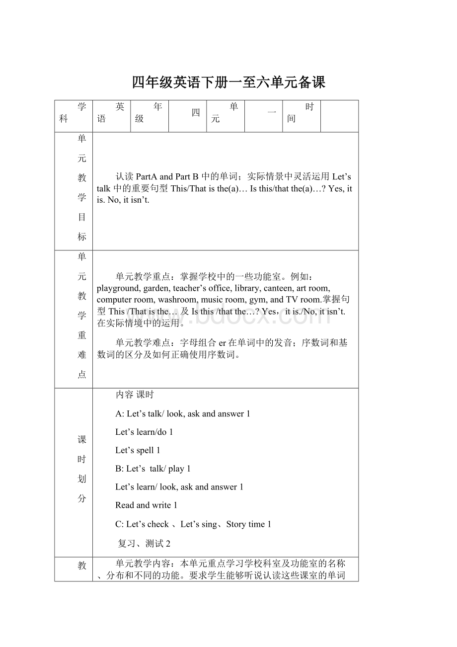 四年级英语下册一至六单元备课文档格式.docx_第1页