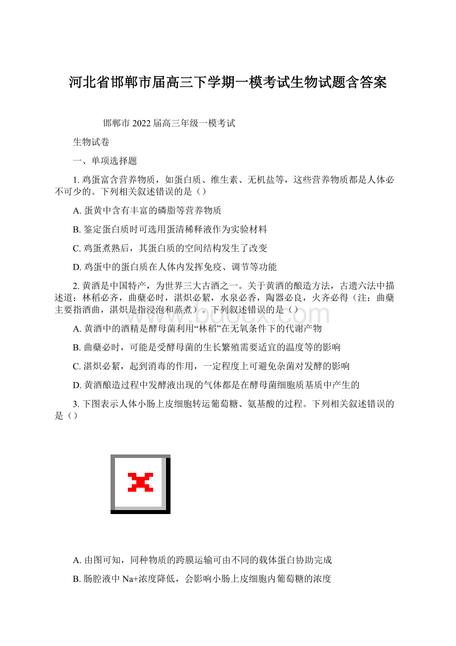 河北省邯郸市届高三下学期一模考试生物试题含答案Word下载.docx_第1页