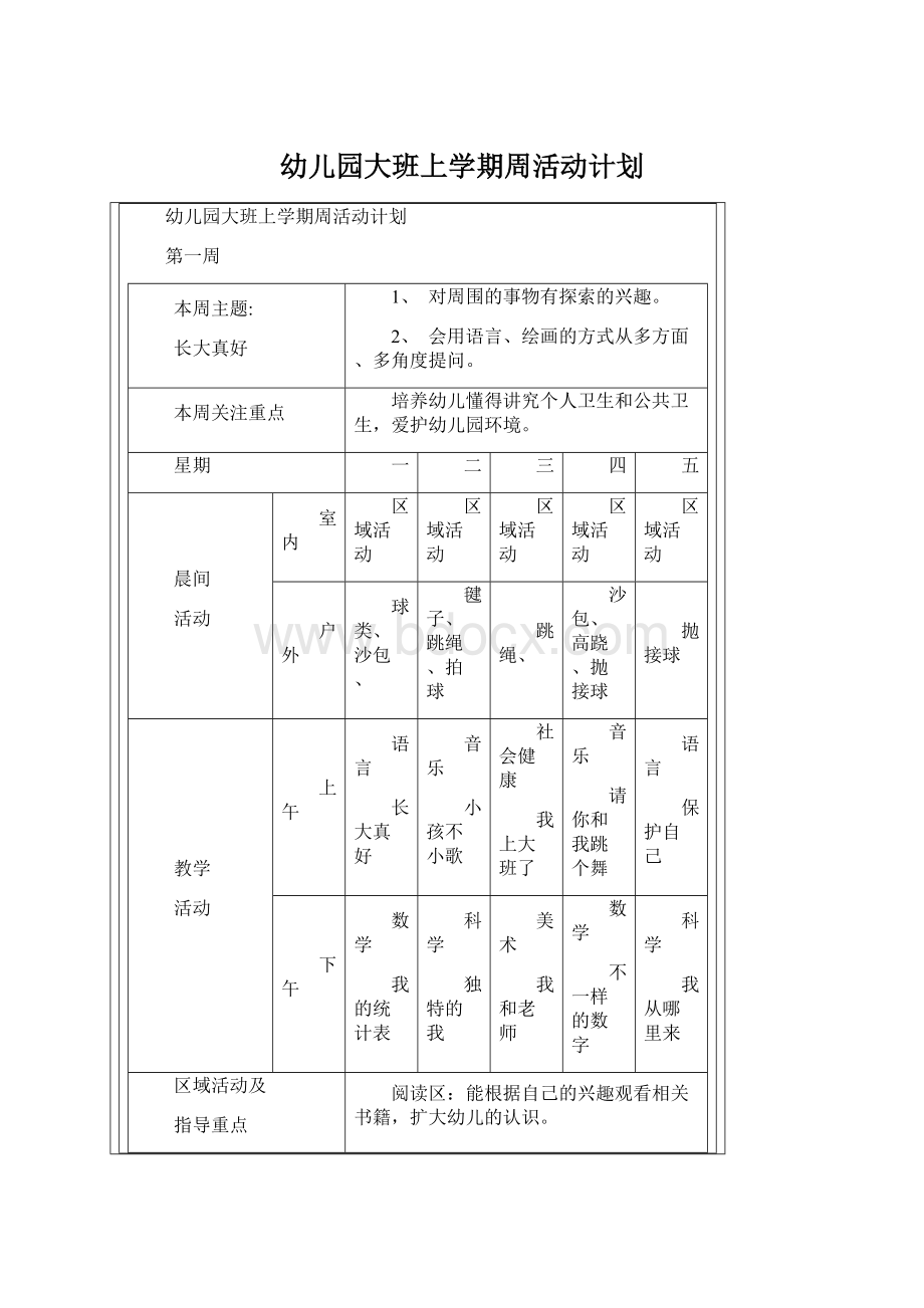 幼儿园大班上学期周活动计划Word格式.docx