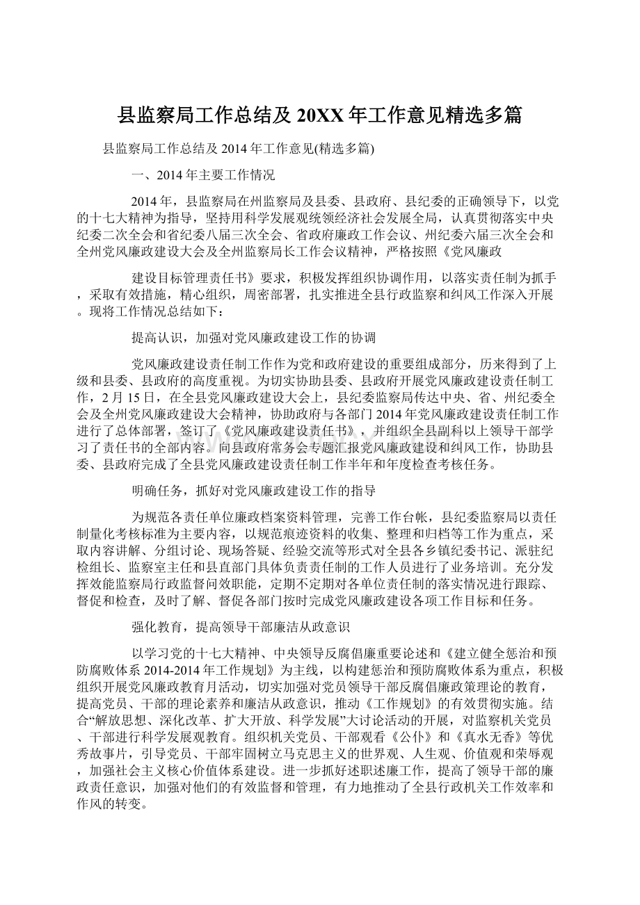 县监察局工作总结及20XX年工作意见精选多篇Word文档格式.docx