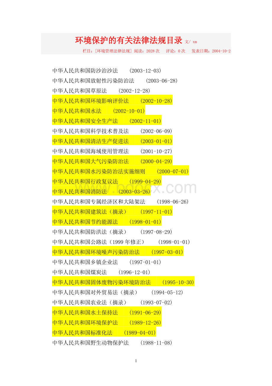 环境保护的有关法律法规目录.doc_第1页