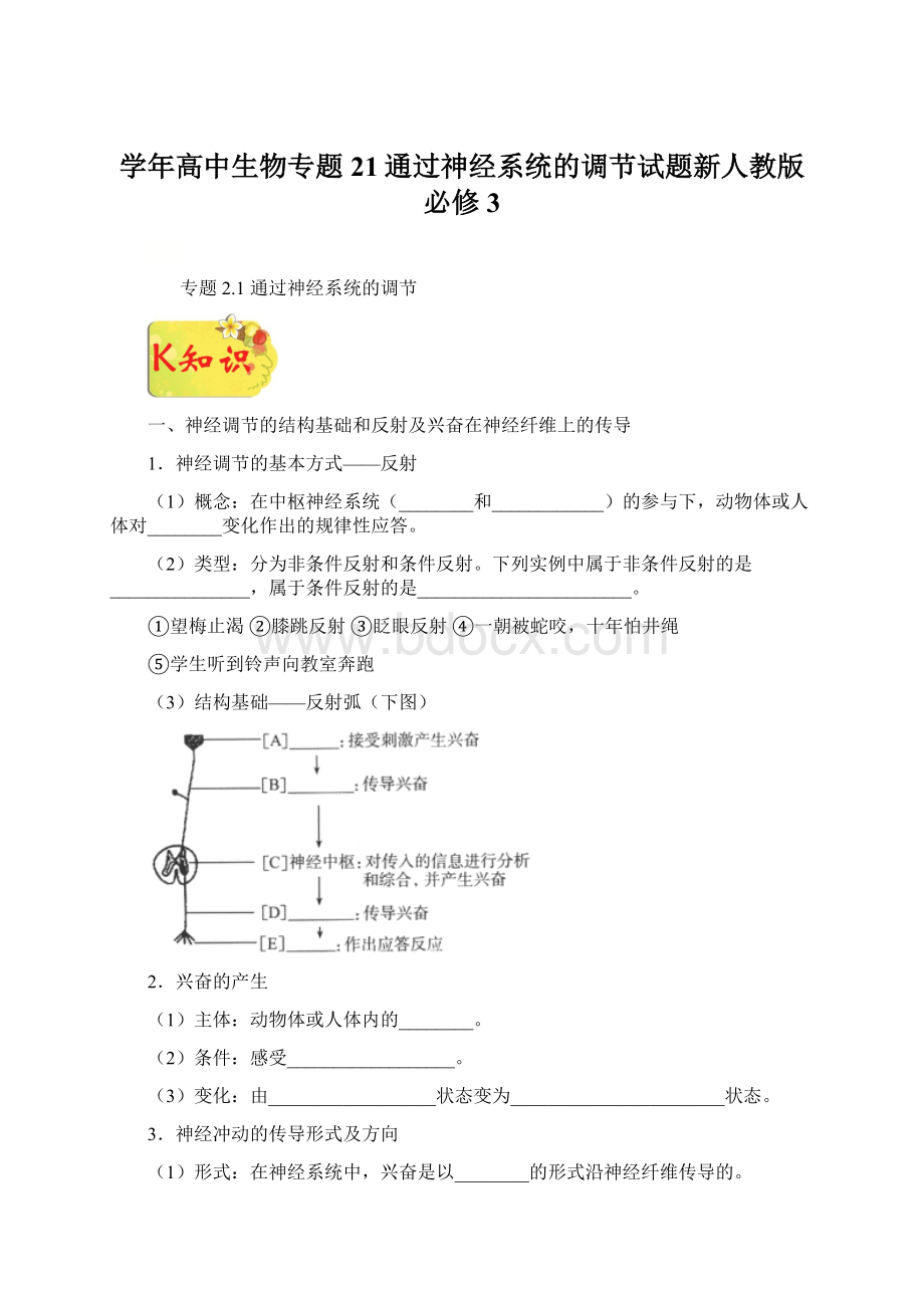 学年高中生物专题21通过神经系统的调节试题新人教版必修3.docx_第1页