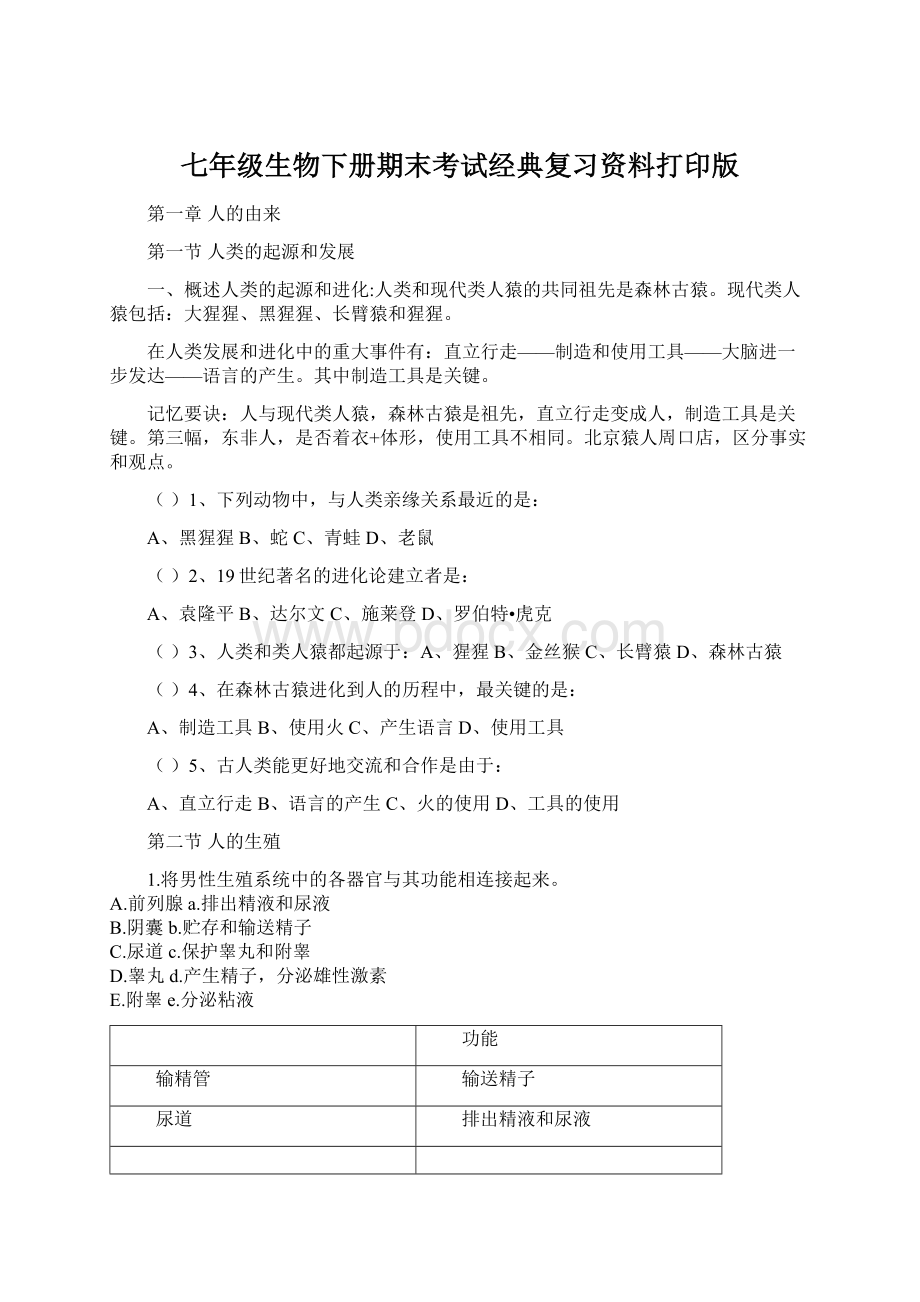 七年级生物下册期末考试经典复习资料打印版Word文档格式.docx