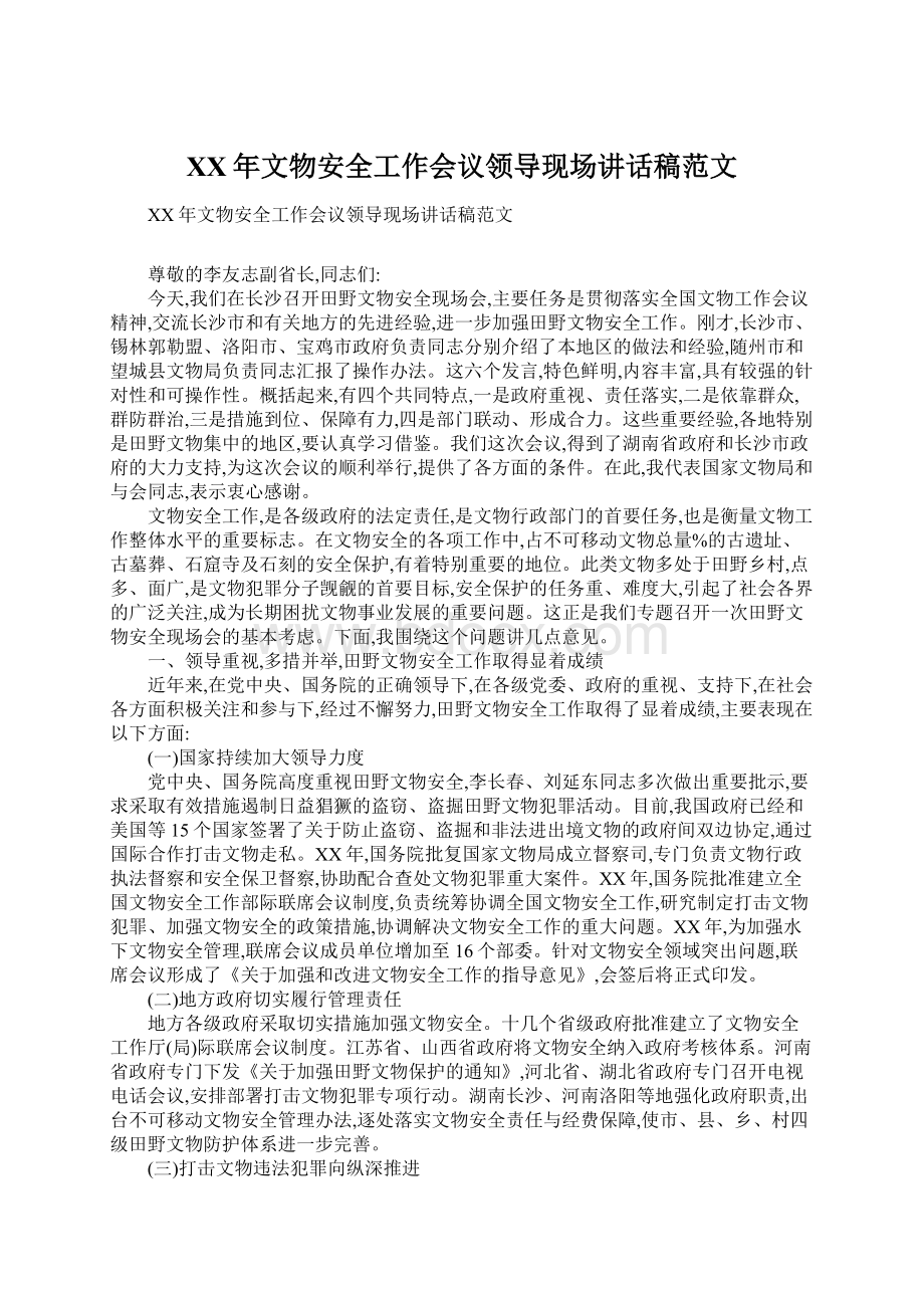 XX年文物安全工作会议领导现场讲话稿范文Word格式.docx_第1页