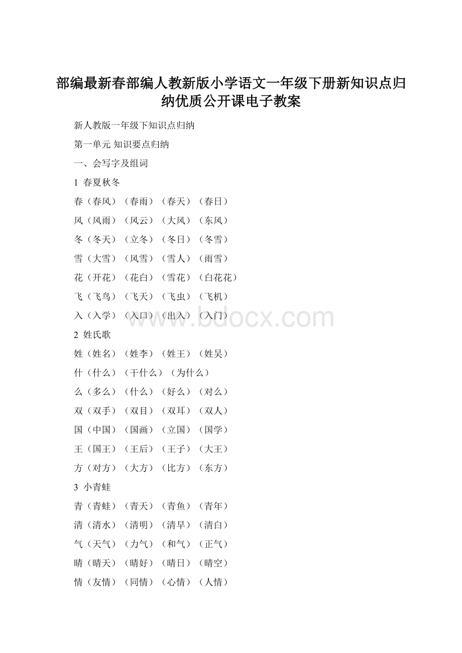 部编最新春部编人教新版小学语文一年级下册新知识点归纳优质公开课电子教案Word文档格式.docx