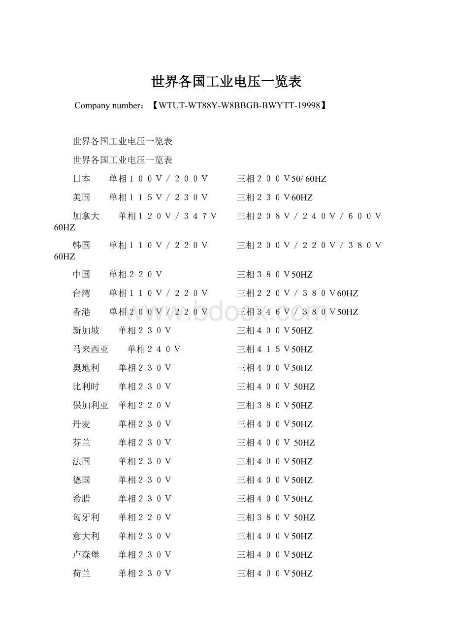 世界各国工业电压一览表文档格式.docx