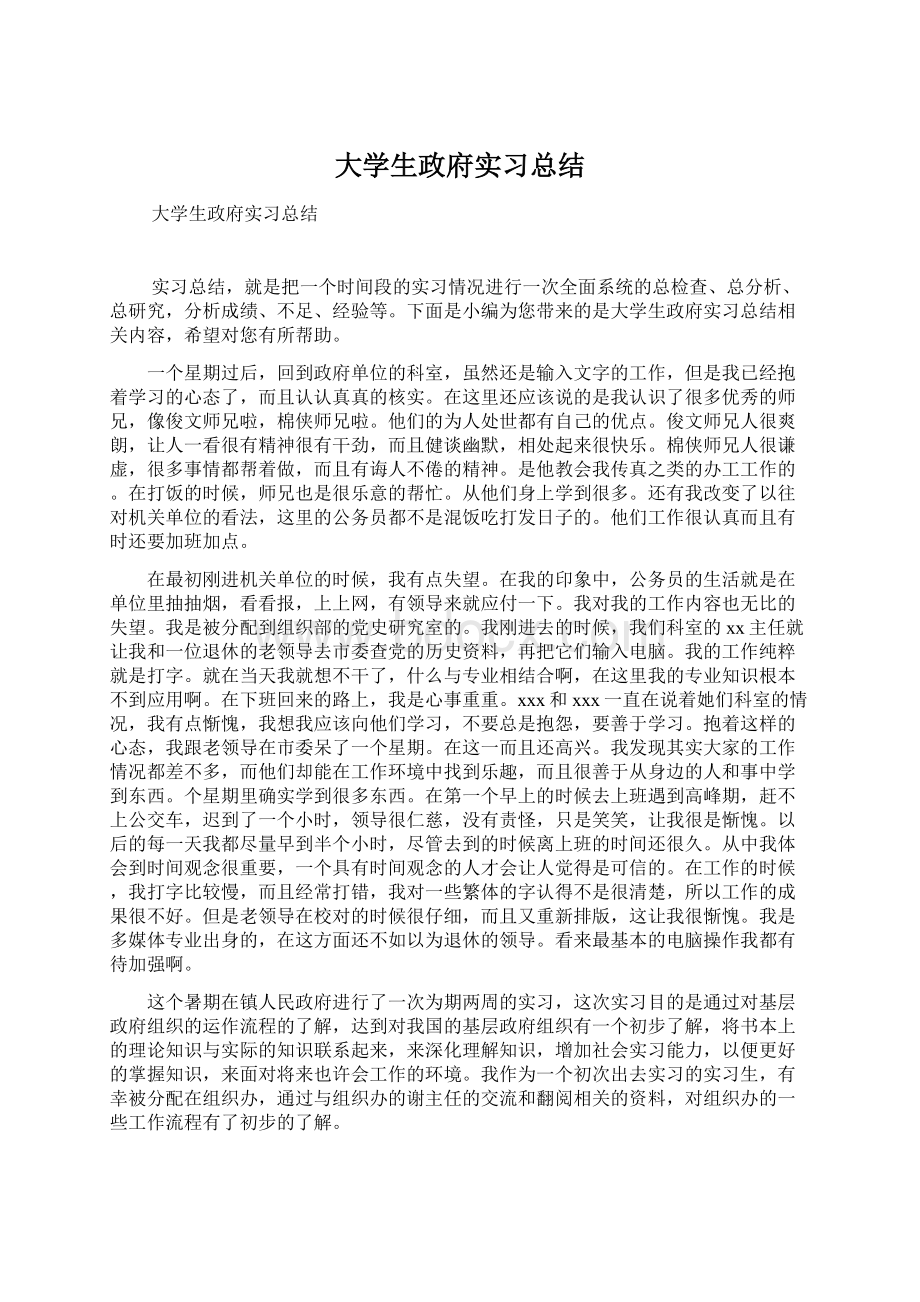 大学生政府实习总结Word文档下载推荐.docx_第1页