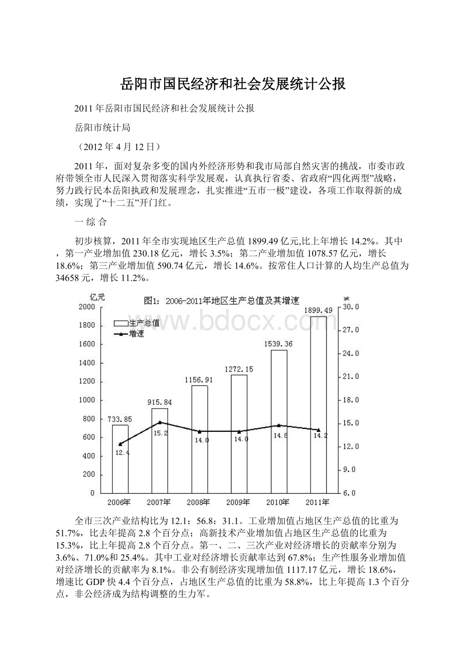 岳阳市国民经济和社会发展统计公报Word格式文档下载.docx_第1页