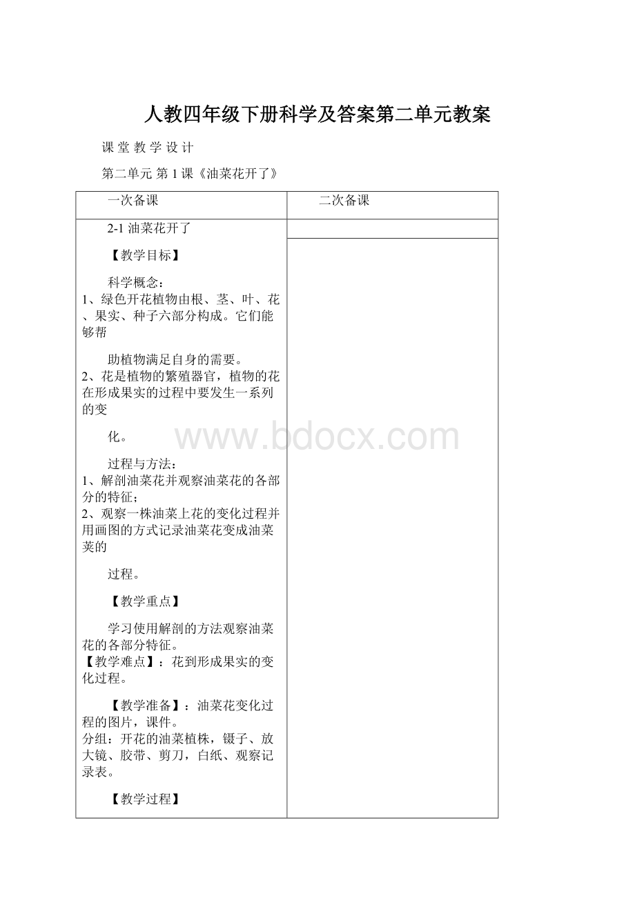 人教四年级下册科学及答案第二单元教案.docx