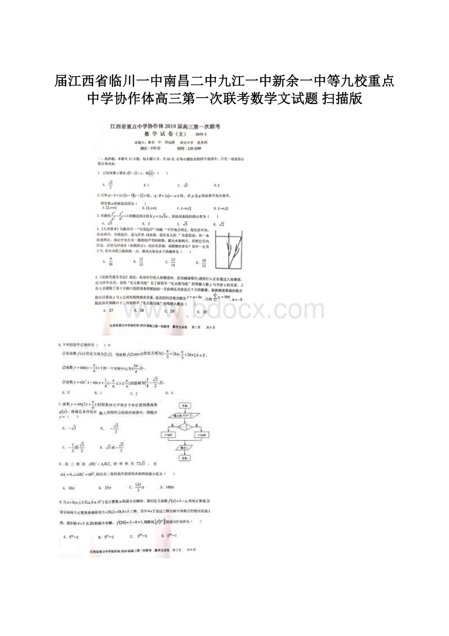 届江西省临川一中南昌二中九江一中新余一中等九校重点中学协作体高三第一次联考数学文试题 扫描版.docx