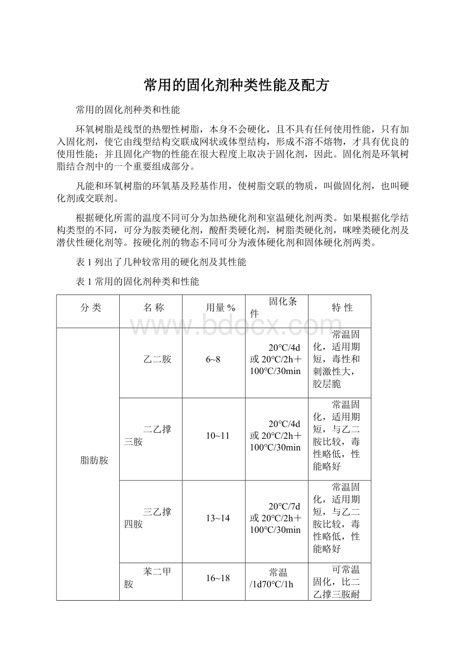 常用的固化剂种类性能及配方Word文件下载.docx_第1页