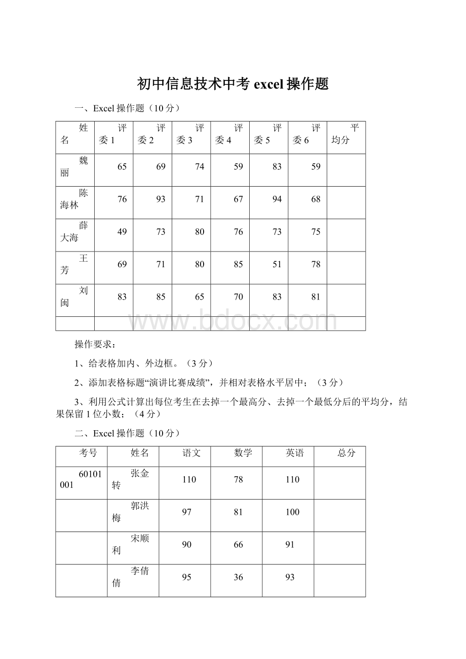 初中信息技术中考excel操作题Word文档格式.docx_第1页