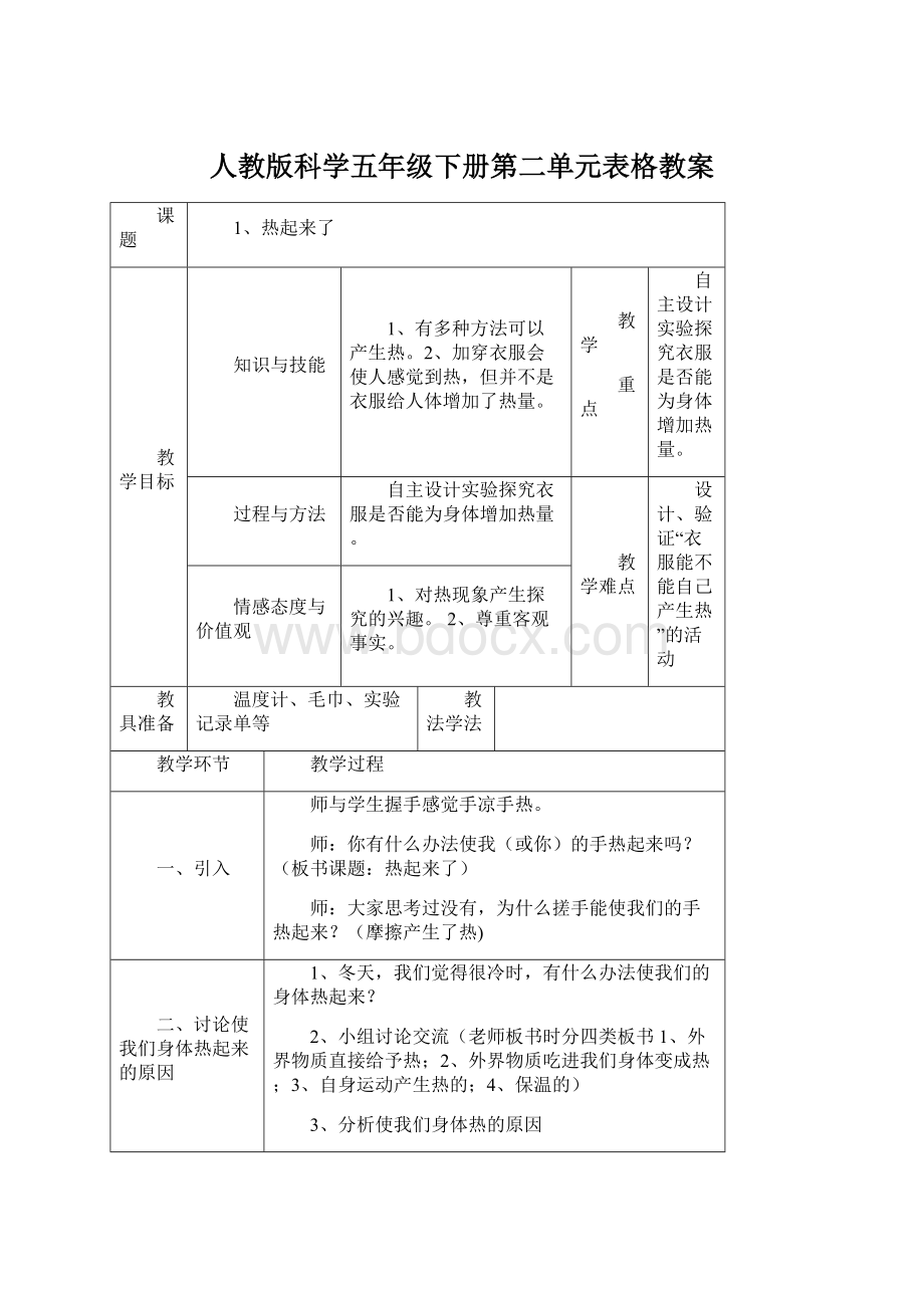 人教版科学五年级下册第二单元表格教案Word文件下载.docx