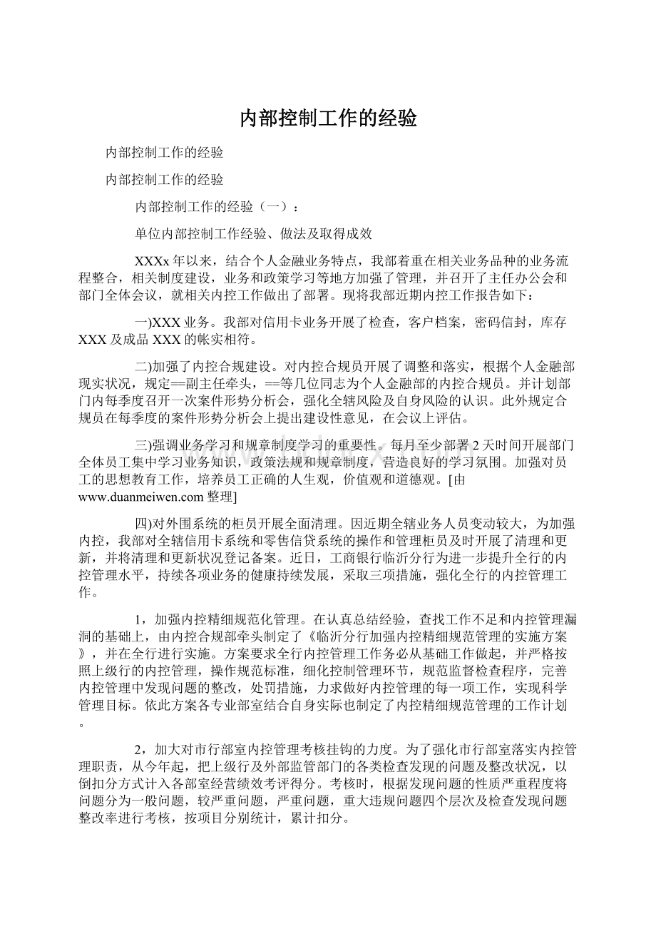 内部控制工作的经验文档格式.docx