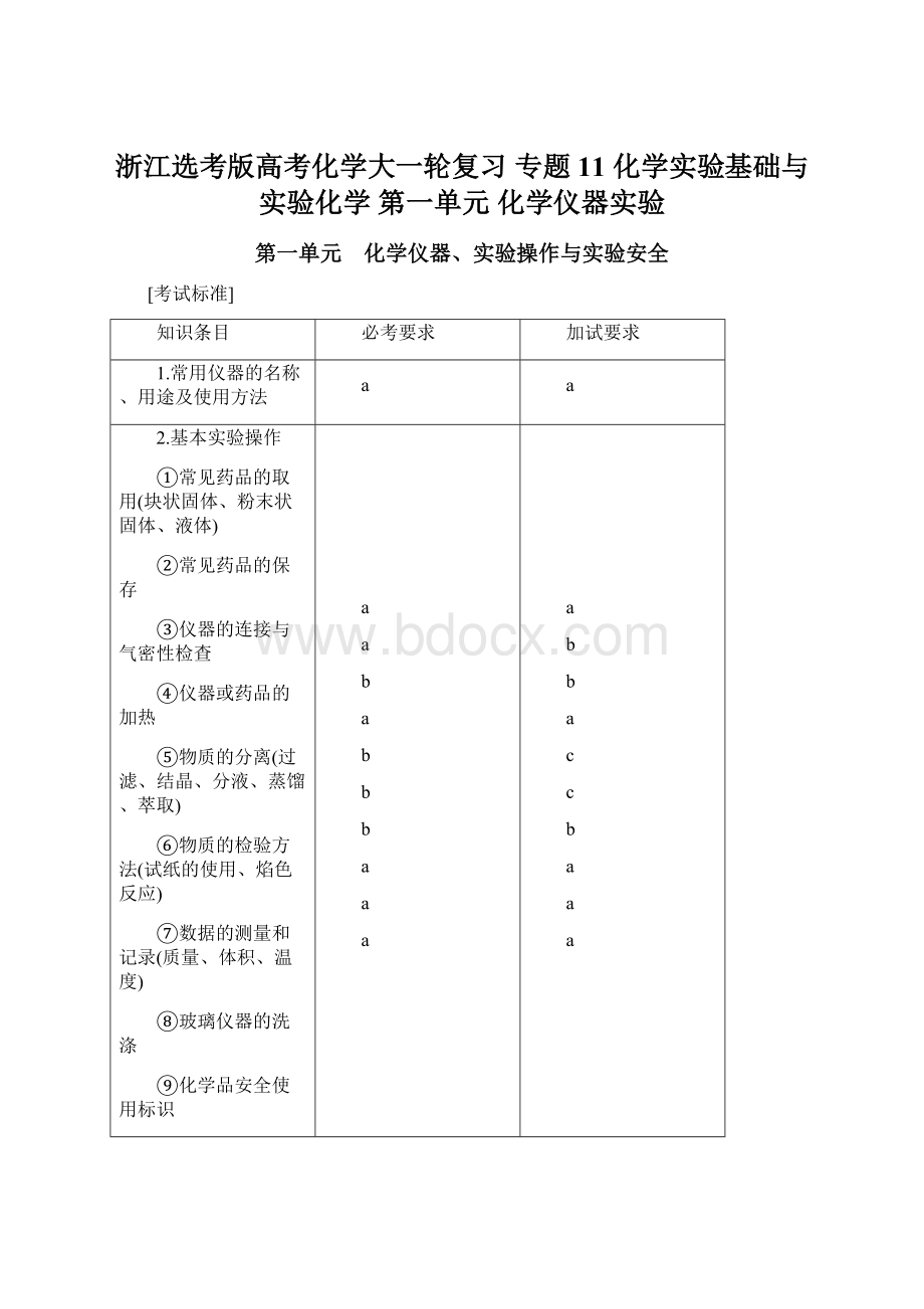 浙江选考版高考化学大一轮复习 专题11 化学实验基础与实验化学 第一单元 化学仪器实验Word文档格式.docx